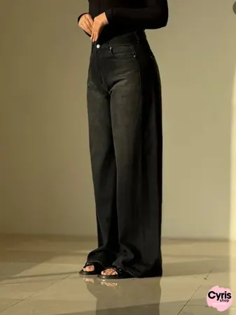 High-Waist Wide Leg Denim Pants – Washed Black