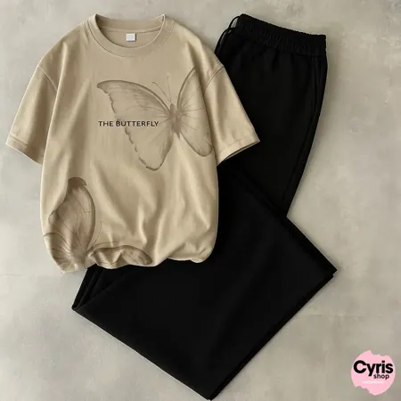 Inspire & Fly Beige Graphic Tee with Black Lounge Trousers (Beige) Combo — view 2