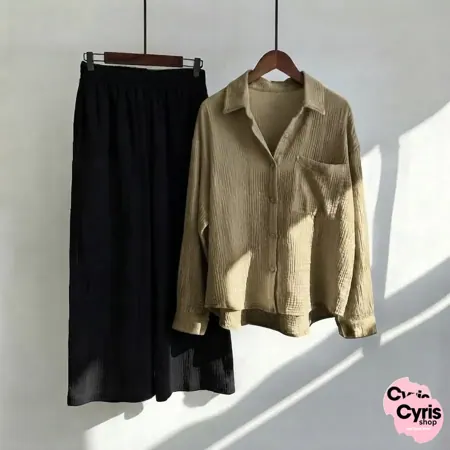 Khaki Button-Down Shirt & Black Trousers Set