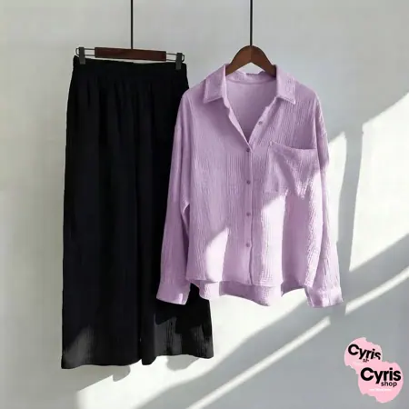 Lavender Button-Down Shirt & Black Trousers Set
