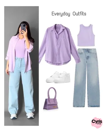 Lavender Button-Down Shirt, White Crop Top & Blue Wide-Leg Pants – Casual 3-Piece Co-Ord Set