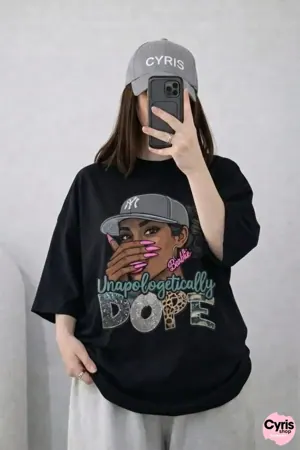 Oversized Drop Shoulder Graphic T-Shirt – Black Cartoon Girl Print
