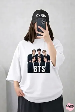 Oversized Drop Shoulder Graphic T-Shirt – White BTS K-Pop Print