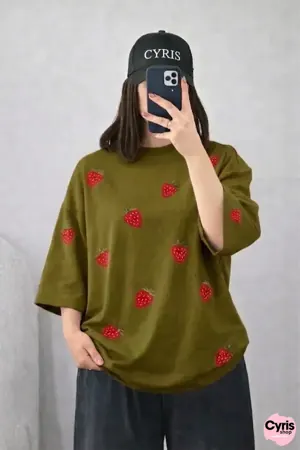 Olive Green Strawberry Drop Shoulder T-Shirt – Aesthetic Loose Fit Tee