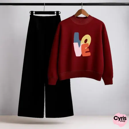 LOVE Typography Graphic Red Sweatshirt & Black Wide-Leg Trouser Set