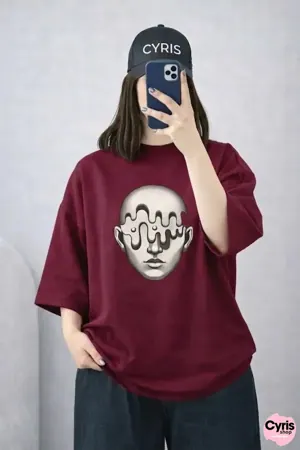 Burgundy Face Graphic Drop Shoulder T-Shirt – Relaxed Fit Casual Tee