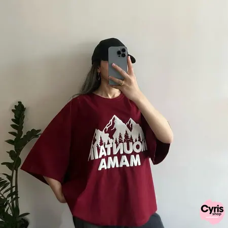 Maroon Oversized Mountain Mama Graphic T-Shirt