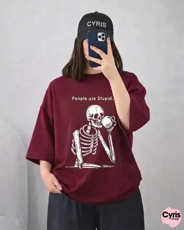 Maroon Skeleton Couple Drop Shoulder T-Shirt – Trendy Oversized Tee