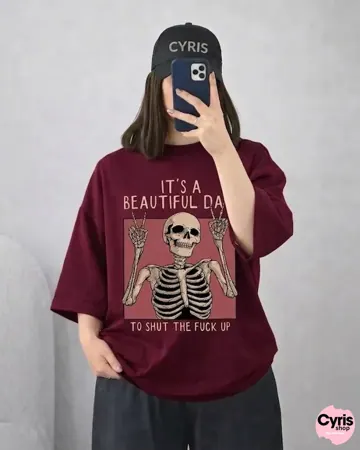 Burgundy Skeleton Quote Drop Shoulder T-Shirt – Oversized Streetwear Tee