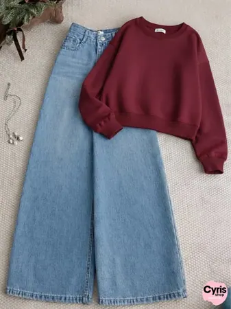 Maroon Sweatshirt with Blue Wide-Leg Jeans – Trendy Casual Co-Ord Set