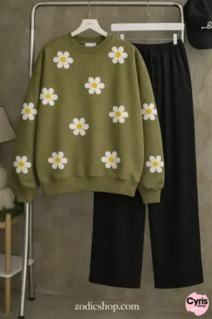 Mehndi Green Daisy Sweatshirt & Trouser Combo