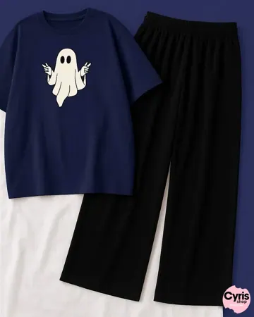 Midnight Ghost Vibe Set – Navy “BOO” Tee & Black Pants
