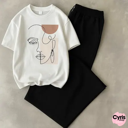 Minimalist Face Sketch Tee with Classic Black Bottoms