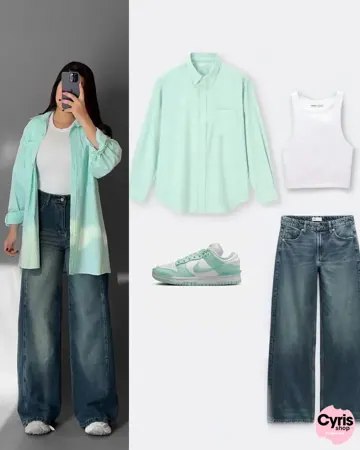 Mint Green Button-Down Shirt, White Crop Top & Blue Wide-Leg Pants – Fresh Casual Co-Ord Outfit
