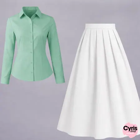 Mint Green Button-Down Shirt with white Skirt Combo
