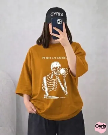Mustard Skeleton Print Drop Shoulder T-Shirt – Relaxed Fit Casual Tee