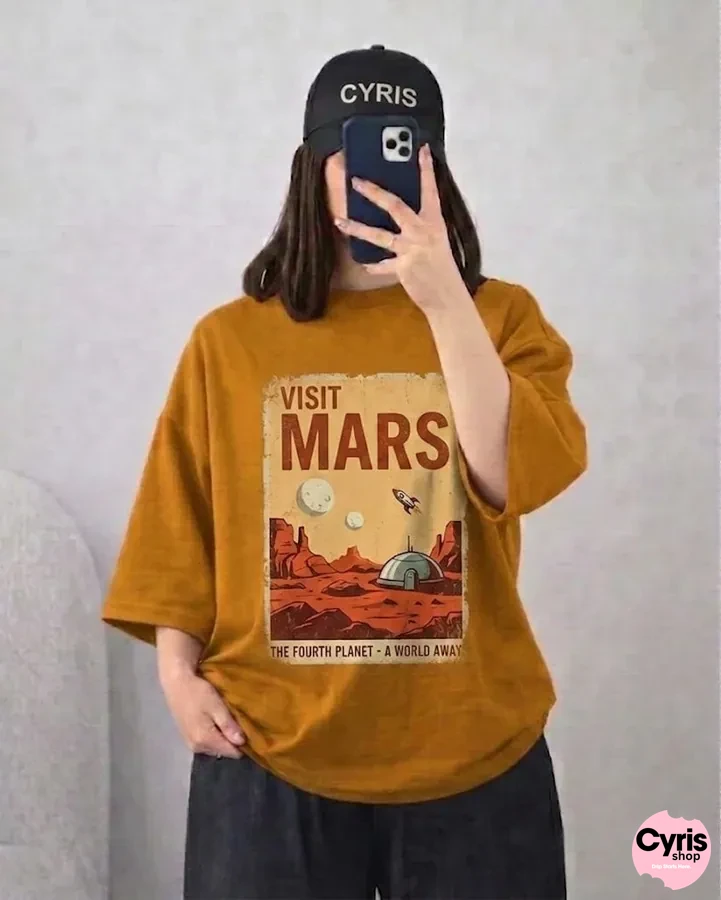 Mustard “Visit Mars” Graphic Drop Shoulder T-Shirt – Vintage Oversized Tee