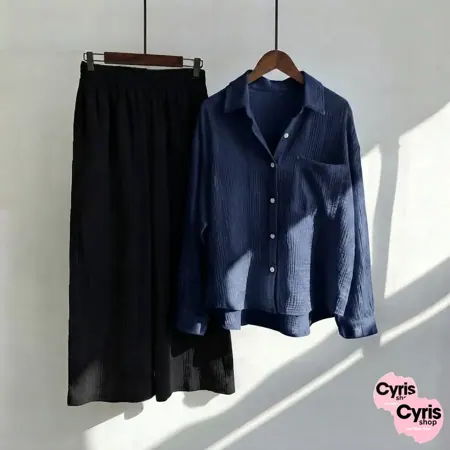 Navy Blue Button-Down Shirt & Black Trousers Set