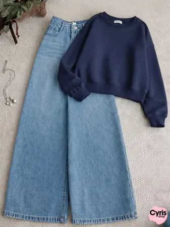 Navy Blue Sweatshirt & Wide-Leg Denim Pants – Everyday Comfort Outfit