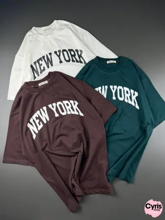 New York Statement Tees – White, brown & Teal