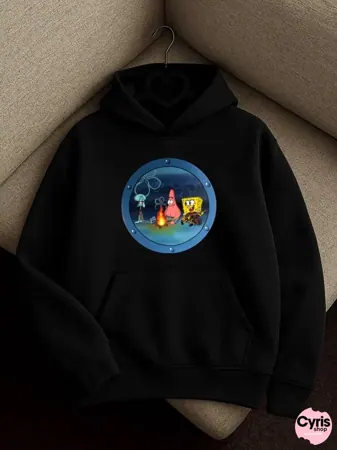 Night Camp Cartoon Graphic Hoodie – Black Oversized Hoodie