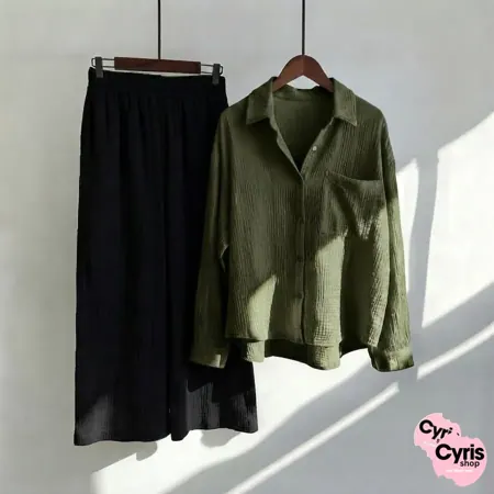 Olive Green Button-Down Shirt & Black Trousers Set