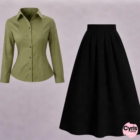 Olive green button-down shirt with black skirt (2-piece)