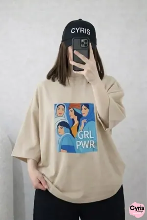 Oversized Drop Shoulder Graphic T-Shirt – Beige “Girl Power” Print