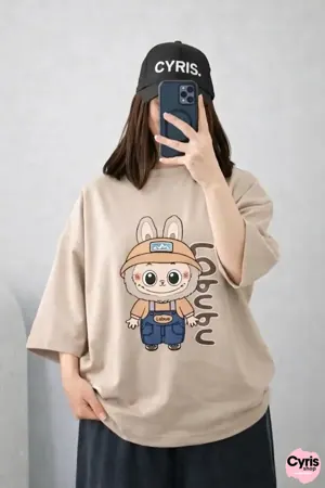 Oversized Drop Shoulder Graphic T-Shirt – Beige Cute Labubu Doll Print