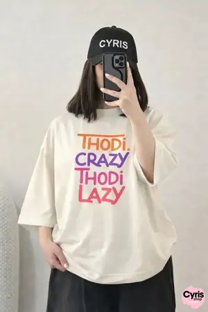 Oversized Drop Shoulder Graphic T-Shirt – Beige “Thodi Crazy Thodi Lazy” Print