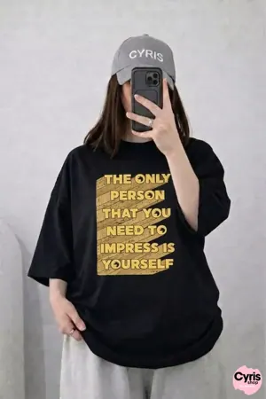 Oversized Drop Shoulder Graphic T-Shirt – Black “Impress Yourself” Text Print