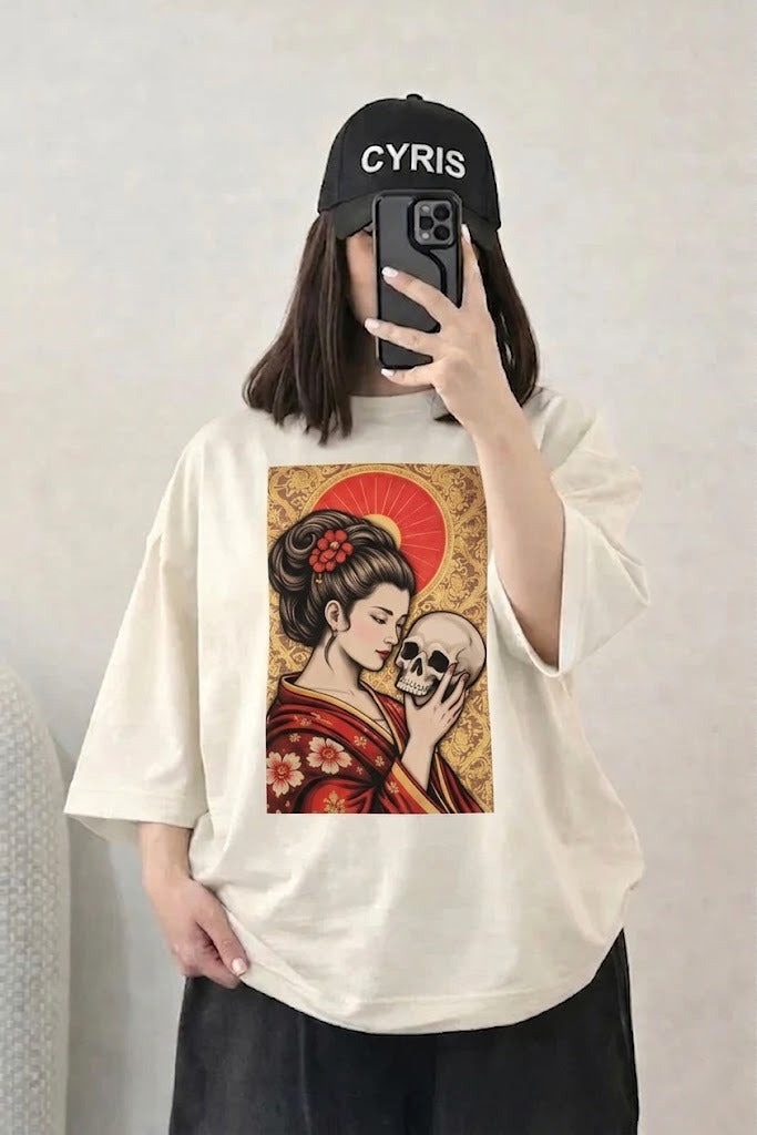 Oversized Drop Shoulder Graphic T-Shirt – Beige Japanese Art Print
