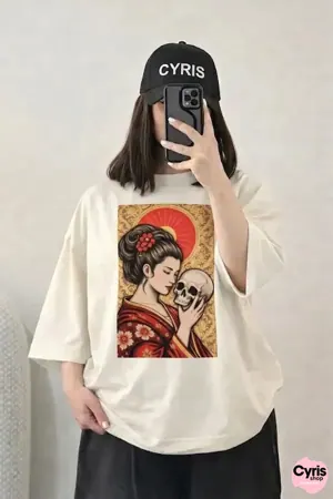 Oversized Drop Shoulder Graphic T-Shirt – Beige Japanese Art Print