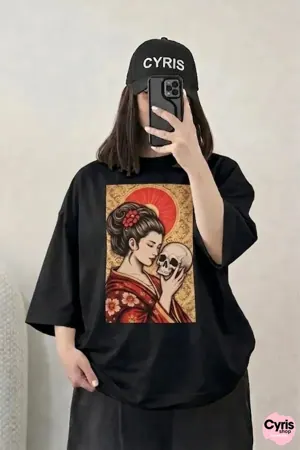 Oversized Drop Shoulder Graphic T-Shirt – BlackJapanese Art Print