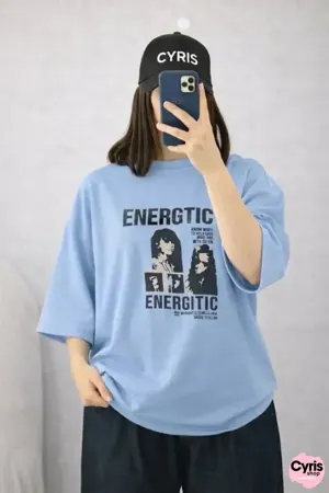 Oversized Drop Shoulder Graphic T-Shirt – Blue “Energetic” Graphic Print