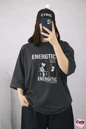 Oversized Drop Shoulder Graphic T-Shirt – Charcoal Black “Energetic” Graphic Print