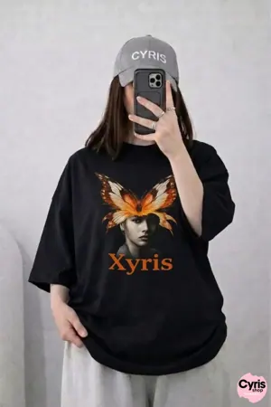 Oversized Drop Shoulder Graphic T-Shirt – Black Butterfly “Xyris” Print