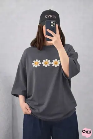 Oversized Drop Shoulder Graphic T-Shirt – Charcoal Grey Floral Stripe Print