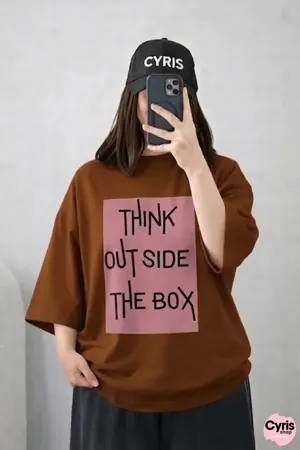 Oversized Drop Shoulder Graphic T-Shirt – Brown “Think Outside The Box” Print