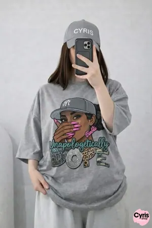 Oversized Drop Shoulder Graphic T-Shirt – Grey Cartoon Girl Print