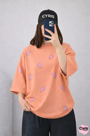 Oversized Drop Shoulder Graphic T-Shirt – Peach Ice cream Print