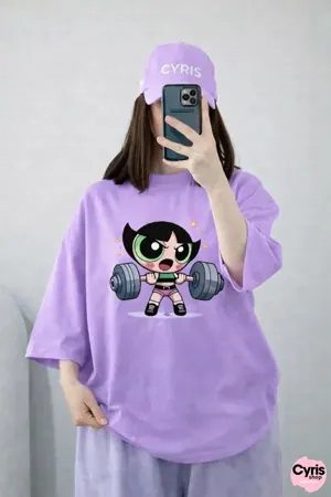 Oversized Drop Shoulder Graphic T-Shirt – Lavender Powerpuff Girl Print