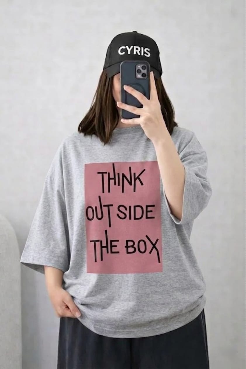 Oversized Drop Shoulder Graphic T-Shirt – Grey “Think Outside The Box” Print