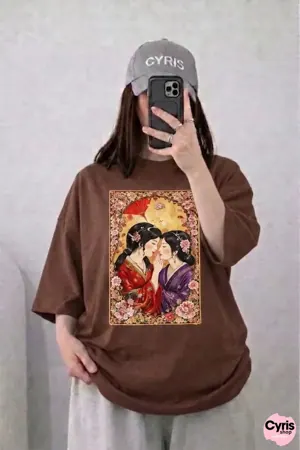 Oversized Drop Shoulder Graphic T-Shirt – Brown Japanese Couple Art Print