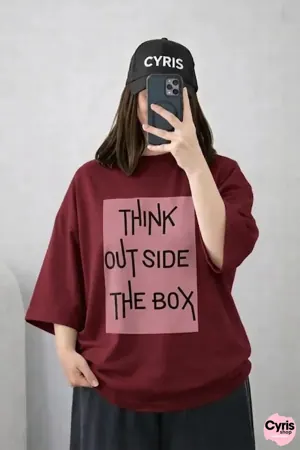 Oversized Drop Shoulder Graphic T-Shirt – Maroon “Think Outside The Box” Print
