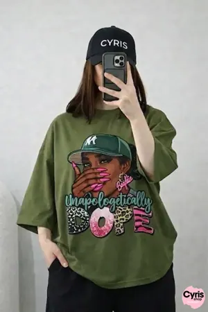 Oversized Drop Shoulder Graphic T-Shirt – Olive Green Cartoon Girl Print