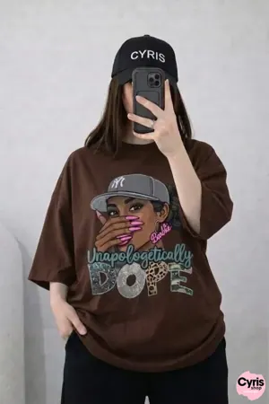 Oversized Drop Shoulder Graphic T-Shirt – Brown Cartoon Girl Print
