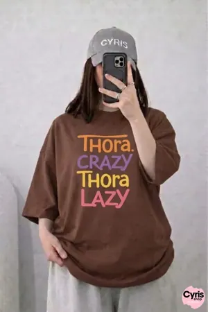 Oversized Drop Shoulder Graphic T-Shirt – Brown “Thodi Crazy Thodi Lazy” Print
