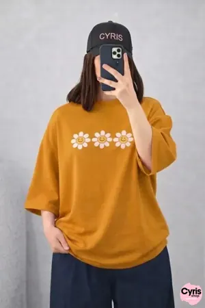 Oversized Drop Shoulder Graphic T-Shirt – Mustard Floral Stripe Print