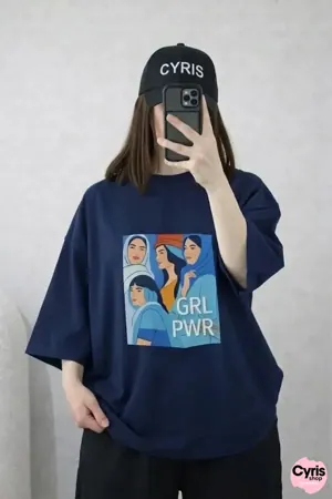 Oversized Drop Shoulder Graphic T-Shirt – Navy Blue “Girl Power” Print